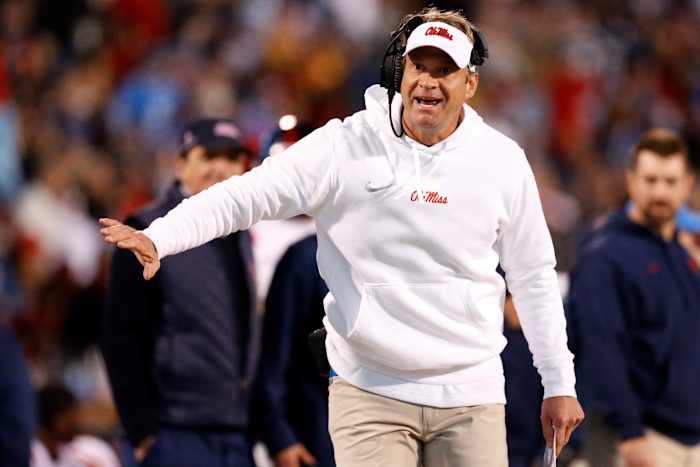 Nov 23, 2023; Starkville, Mississippi, USA; Mississippi Rebels head coach Lane Kiffin reacts during the second half against the Mississippi State Bulldogs at Davis Wade Stadium at Scott Field. Mandatory Credit: Petre Thomas-USA TODAY Sports